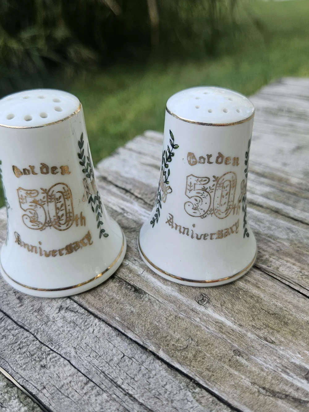 50th Golden Anniversary White and Gold Porcelain Salt and Pepper Shakers